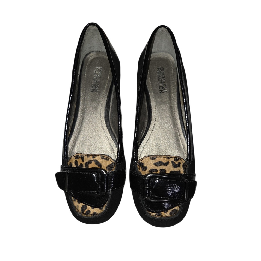 Kenneth Cole Reaction‎ Wink At Me Black Leather Leopard Wedge Flats Women's 5.5